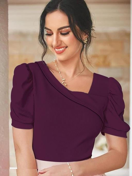 Casual Puff Sleeves Solid Women Dark Rani Color Top